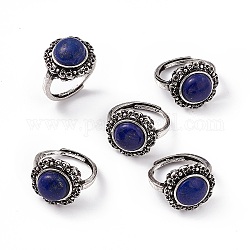 Anelli regolabili con fiore di lapislazzuli naturale, anelli da dito in ottone color argento antico per le donne, 2.5mm, diametro interno: formato degli stati uniti 7 1/4 (17.5 mm)