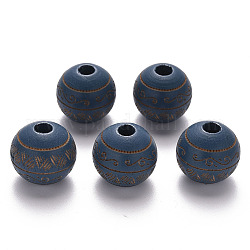 Bemalte Naturholzperlen, Lasergravurmuster, rund mit Blattmuster, Stahlblau, 16x15 mm, Bohrung: 4 mm