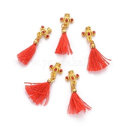 Alloy Glass Rhinestone Nail Art Decoration, with Tassel, Golden, Chinese knot, Red, Light Siam, 28x8.5mm