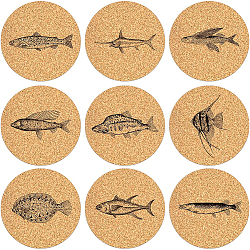 Набор ковриков из пробки, печатные подставки, плоско-круглые, Перу, узор рыбы, 100x5 мм, 9 шт / комплект