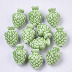 Abalorios de porcelana hechas a mano, brillante estilo de porcelana esmaltada, cono del pino, verde amarillo, 19x14x12mm, agujero: 2 mm