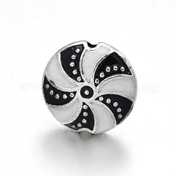 Flat Round Brass Enamel Beads, Antique Silver, White, 14.5x6mm, Hole: 2mm