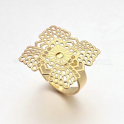 Регулируемая латунные компоненты сеттинги филигрань кольцо, цветочные площадку кольцо основания, золотые, 17 мм, лоток : 22x22 мм