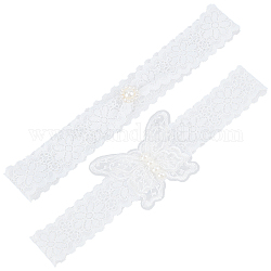 Jarretelles de mariée élastiques en dentelle de polyester, avec perles d'imitation et strass en cristal, accessoires de vêtement de mariage, blanc, 195~199x30mm, 2 pièces / kit