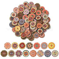 Gedruckte Holzknöpfen, 2-Loch, flach rund mit Blumenmuster, Mischfarbe, 14.5x2.5 mm, Bohrung: 1.6 mm, 100 Stück / Beutel