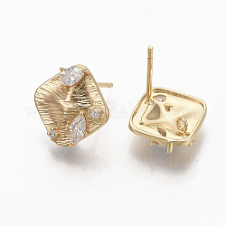 Brass Clear Cubic Zirconia Stud Earring Findings, with Loop, Nickel Free, Rhombus, Real 18K Gold Plated, 13x12.5mm, Hole: 1.2mm, Pin: 0.8mm