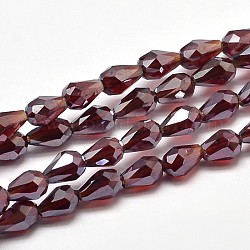 Imitación opalita facetada lágrima perla lustre plateado electrochapa de vidrio hebras, de color rojo oscuro, 5x3mm, agujero: 1 mm, aproximamente 100 pcs / cadena, 17.7 pulgada ~ 19.6 pulgadas