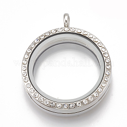 Alliage pendentifs médaillon magnétiques, avec strass et de verre, plat rond, cristal, 37x30.5x7.5mm, Trou: 3.5mm, diamètre intérieur: 23 mm