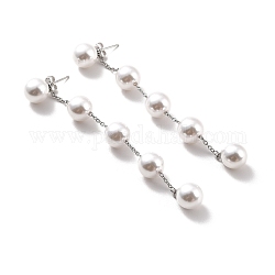 Round Plastic Pearl Beaded Long Chain Dangle Stud Earrings, 304 Stainless Steel Drop Earrings for Women, Stainless Steel Color, 95x10mm, Pin: 0.7mm