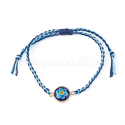 Bracelets réglables en perles tressées en fil de nylon bicolore, avec des maillons en verre millefiori, plat et circulaire avec fleur, or, lumière bleu ciel, diamètre intérieur: 3/4~3-1/8 pouce (2~8 cm)