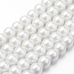 Brins de perles rondes en verre teinté écologique, Grade a, cordon en coton fileté, blanc, 8mm, Trou: 1.2~1.5mm, Environ 52 pcs/chapelet, 15 pouce