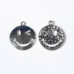 Antique Silver Tibetan Style Hammered Smile Face Pendants, Lead Free, 26.5x22.5x2mm, Hole: 2mm