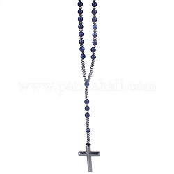Collar de cuentas de rosario de lapislázuli natural, collar con colgante de cruz de hematita sintética, 27.56 pulgada (70 cm)