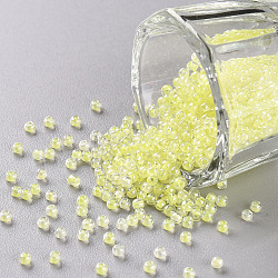 Perline di semi di vetro trasparenti di grado 11/0, colore all'interno, lustro placcato, tondo, giallo verde, 2.3x1.5mm, Foro: 1 mm, circa 5300pcs/50g