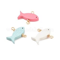 Spray Painted Wood Connector Charms, with Golden Tone Copper Wire Loops, Fish, Mixed Color, 26x29x4.5mm, Hole: 3.5mm