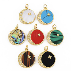 Brass Micro Pave Clear Cubic Zirconia Pendants, with Shell & Synthetic Stone & Acrylic and Jump Ring, Real 16K Gold Plated, Flat Round with Star, Nickel Free, Mixed Color, 21x18x3mm, Jump Ring: 5x1mm, 3mm inner diameter