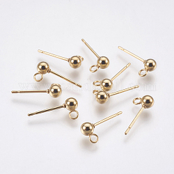 304 Stainless Steel Stud Earring Findings, with Loop, Round, Real 24K Gold Plated, 15x6mm, Hole: 1.5mm, Ball: 3mm, Pin: 0.8mm