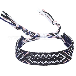 Pulsera de hilo trenzado poliéster-algodón motivo rombos, pulsera étnica tribal brasileña ajustable para mujer, negro, 5-7/8~11 pulgada (15~28 cm)