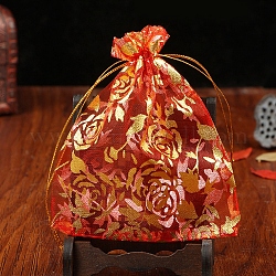 Bolsas de organza con cordón para joyas, bolsas de regalo de fiesta de boda, rectángulo con estampado de flores en oro, rojo, 12x9 cm