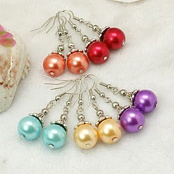 Trendy Tibetan Style Ball Dangle Earrings, with Glass Pearl Beads and Brass Earring Hooks, Mixed Color, 42mm