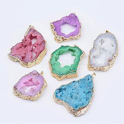 Natural Geode Agate Big Pendants, Dyed, with Brass Findings, Golden, Nuggets, Mixed Color, 56~82x42~67x9~10mm, Hole: 5x8mm