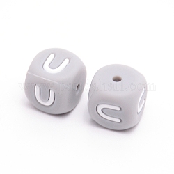 Perlas de silicona, cubo con letter.u, gris, 12x12x12mm, agujero: 2 mm