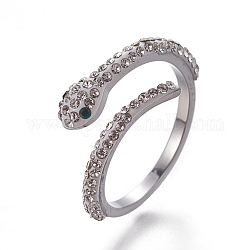 304 anelli gemelli in acciaio inox, anelli aperti, con rhinestone polimero argilla, serpente, cristallo e smeraldo, colore acciaio inossidabile, formato 6~9, 16~19mm