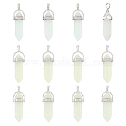 SUPERFINDINGS 12Pcs 3 Colors Bullet Glass Pointed Luminous Pendants, Glow In The Dark Pendants, with Platinum Tone Alloy Findings, Mixed Color, 32x8mm, 4pcs/color