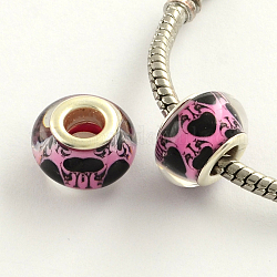 Large Hole Heart Pattern Acrylic European Beads, with Platinum Tone Brass Double Cores, Rondelle, Camellia, 14x9mm, Hole: 5mm