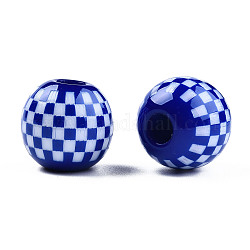 Perles européennes en résine opaque, Perles avec un grand trou   , rond avec motif tartan, bleu minuit, 19.5x18mm, Trou: 6mm
