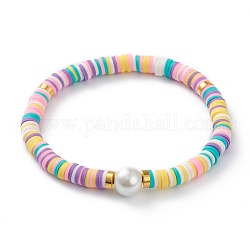 Handmade Polymer Clay Heishi Beads Stretch Bracelets, with Brass Spacer Beads and Round Glass Pearl Beads, Colorful, Inner Diameter: 2-1/8 inch(5.5cm)