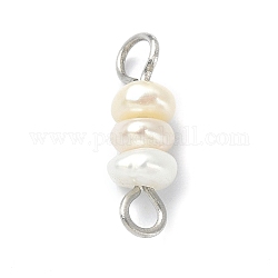 Natural Cultured Freshwater Pearl Connector Charms, Potato Links, with Stainless Steel Color Plated Brass Double Loops, White, 18x4.5x4.5mm, Hole: 1.8mm & 2mm