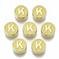 Perline smaltato in lega, cadmio & nichel &piombo libero, tondo piatto con lettere iniziali, oro chiaro, letter.k, 8x4mm, Foro: 1.5 mm