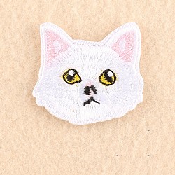 機械刺繍布地手縫い/アイロンワッペン  マスクと衣装のアクセサリー  アップリケ  猫  ホワイト  3.7x3.8cm