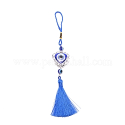 Décorations pendantes en alliage et en verre, coeur & perles rondes avec des yeux mauvais, glands ornements suspendus, bleu royal, 258mm