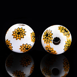Sprühlackierte Holzperlen, gedruckt Perlen, Runde mit Blume, golden, 15~16x14~15 mm, Bohrung: 3~4 mm