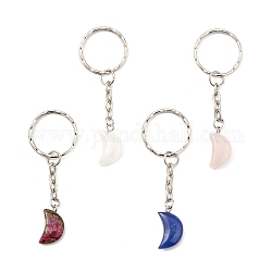 Natural & Synthetic Mixed Gemstone Keychain, with Platinum Plated Iron Split Key Rings, Moon, 71mm