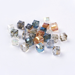 Rainbow Plated Faceted Cube Electorplated Glass Beads, Mixed Color, 7x7x7mm, Hole: 1mm