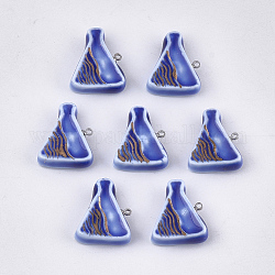 Handgemachte Porzellan-Anhänger, hell glasierten Porzellan, mit Messing-Zubehör, Dreieck, Platin Farbe, Blau, 23x19x7 mm, Bohrung: 1.5 mm