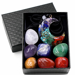 7 kits de pierres de cristal de guérison des chakras, comprenant 7 pierre de chakra spirituelle roulée et 1 colliers de pierres précieuses de lune, 20~30x15~20mm