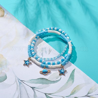 Mint green, blue, dark blue clay beaded bracelet