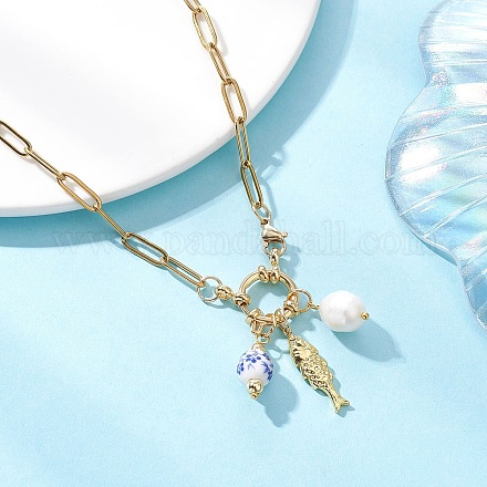 Женские ожерелья с подвесками в виде рыбок и искусственного жемчуга из белого и голубого фарфора и нержавеющей стали 304 NJEW-JN05650-1