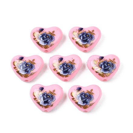 Flower Printed Opaque Acrylic Heart Beads SACR-S305-28-H01-1