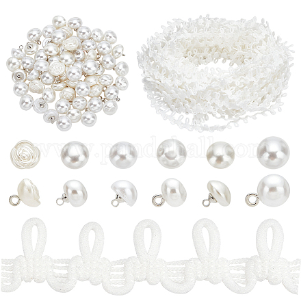 PH PandaHall 20 Yards White Wedding Dress Button Loops Petite Braid Trim Tassel Fringe Lace Trim with 60pcs Pearl Buttons Sewing Dress Zipper Extender for Costume Crafts Sewing Wedding Bridal Dress DIY-PH0017-69-1