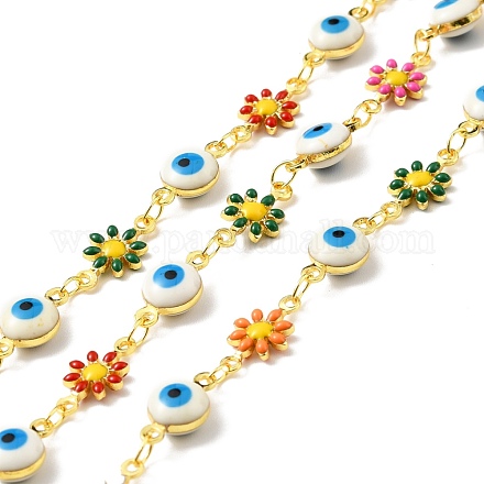 Handmade Brass Enamel Flower & Evil Eye Link Chain CHC-D032-02G-01-1