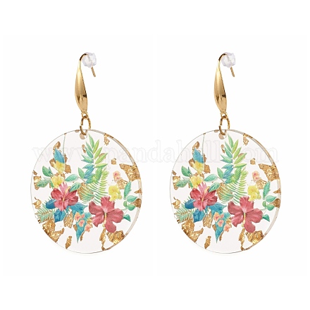 Transparent Epoxy Resin Flat Round with 3D Printed Flower Pattern Dangle Earrings EJEW-JE04580-1