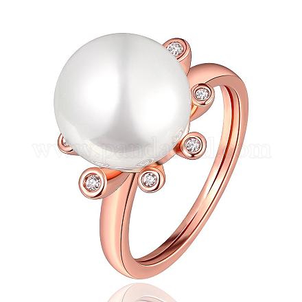 花リアルローズゴールドメッキ環境に優しい真鍮ラウンド模造真珠の指輪  キュービックジルコニア付き  サイズ8  18.1mm RJEW-BB07928-8RG-1