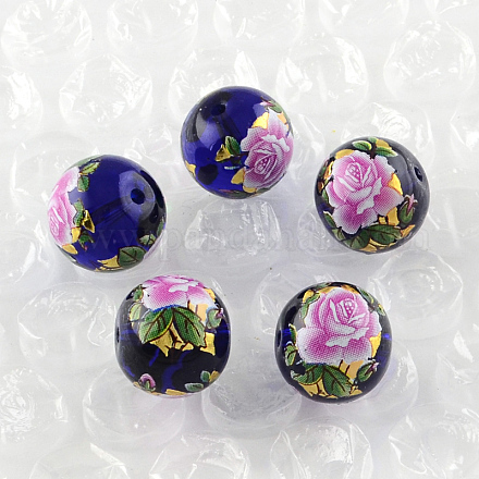 Perles rondes imprimées de motif de fleur rose en verre GFB-R004-12mm-S01-1