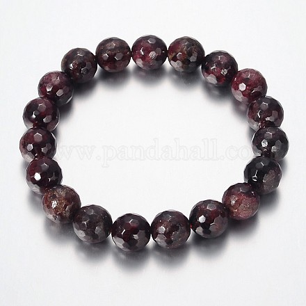 Faceted Natural Garnet Round Bead Stretch Bracelets BJEW-JB09123-1