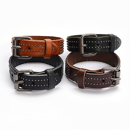 Punk Rock Style Unisex Retro Leather Cord Pyramid Studded Belt Buckle Bracelets BJEW-F173-11-1
